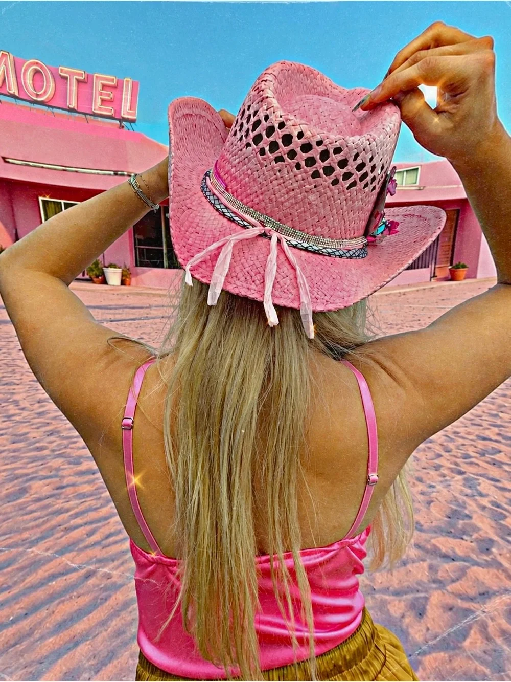 Pink Straw Cowboy Hat with Decorative Band